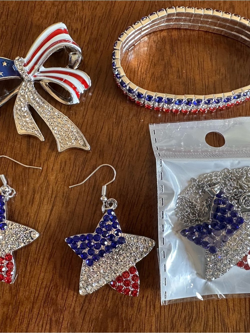 Patriotic Red, White & Blue Star Earrings, Necklace, Pin, and Bracelet